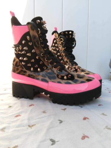 Size 10 Cape Robin Pink And Cheetah Print Spiked Studded Boots - Afbeelding 1 van 12