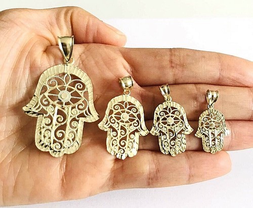 10K Solid Yellow Gold Hamsa Pendant - 10K Gold Fatima Hand Evil Eye Pendant - G8 - Picture 3 of 10