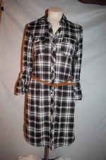 Womens L/S TUNIC SHIRT DRESS Wear 2 Ways GRAY BLACK WHITE PLAID Button Up S 4-6
