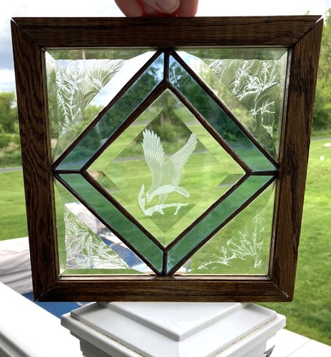Vintage Stained Glass Etched Eagle Square Framed Window Hanging Blue Suncatcher - Picture 3 of 15