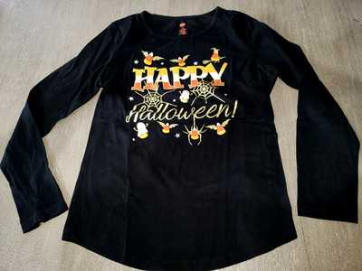 womens HALLOWEEN BLACK SHIRT CANDY CORN BATS GHOSTS STARS MEDIUM 8-10 GOLD