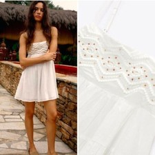 Zara Beaded Spaghetti Strap Boho Mini Babydoll Dress White Size Large New