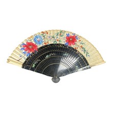 wooden hand painted florals- Vtg fan fabric end - 16 inches extended- some wear