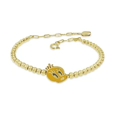 10k Yellow Gold Kids Beaded Bracelet Tweety Face Enamel Adjustable Charm