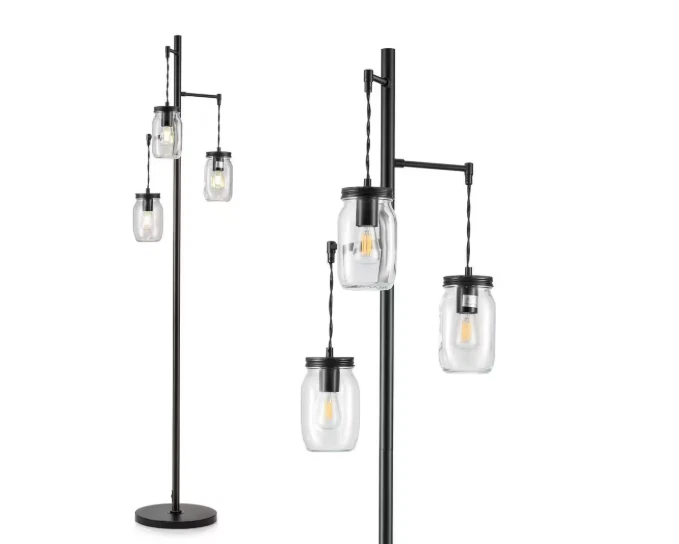 Merra 64 pulgadas. Lámpara de pie negra para árbol de granja con 3 pantallas de vidrio para tarro de albañil NUEVO Foto 4 de 4