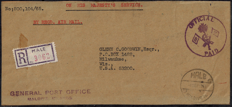 Maldive Islands 1965 OHMS Registered Wrapper w/Official Paid CDS & Male CDS RARE