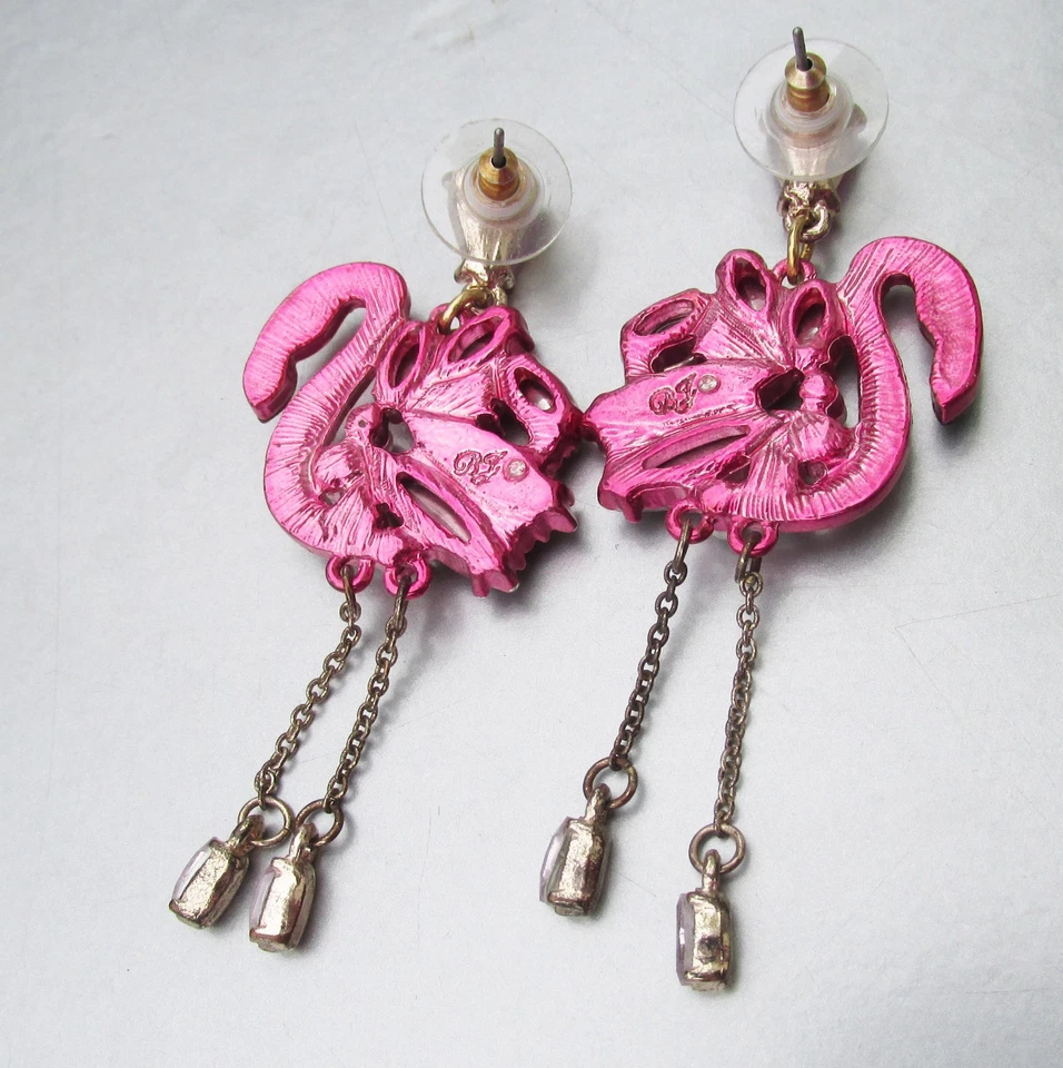 Signed Betsey Johnson FLAMINGO Linear Bejeweled Rhinestone Dangle Earrings - Image 2 of 3