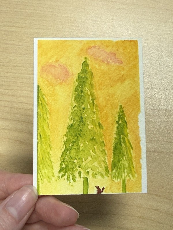 ACEO “Sunny Trees” Nature Watercolor Miniature Painting Kassie #4. 