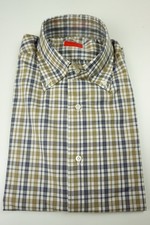Isaia Napoli Tortilla Blue White Plaid Long Sleeve Cotton Shirt 15.5/39 NEW