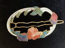 Vintage 70's Floral Cloisonne Enamel Gold Tone Hair Barrette 2" Long