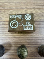 Vintage Mini Micro  Sewing  Box Kit.  Metal Hinges With 3 Thimbles