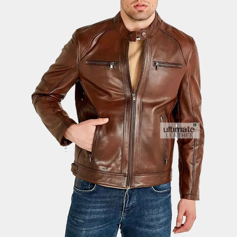 Men Motorcycle Brown Leather Jacket