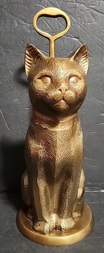 Vintage MCM Solid Brass Sitting Cat Doorstop with Handle 14" Tall HEAVY 5+ Lbs - Picture 6 of 24
