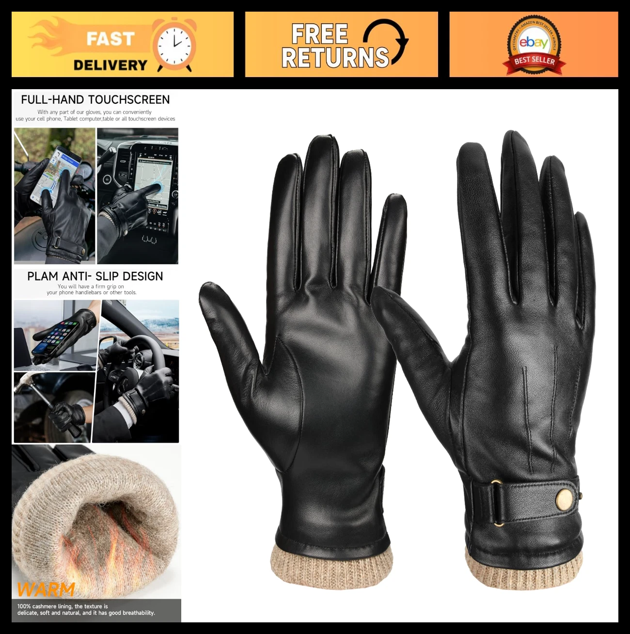 Warm Nappa Leather Winter Gloves for Men - Touchscreen, Wool Lined, Thermal Gift