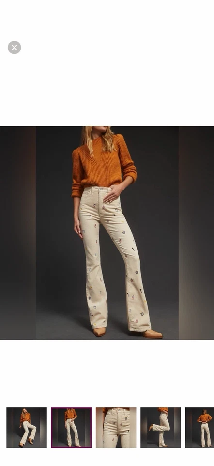 Pilcro Anthropologie High Rise Corduroy Embroidered The Icon Flare Pant Boho - Image 4 of 4
