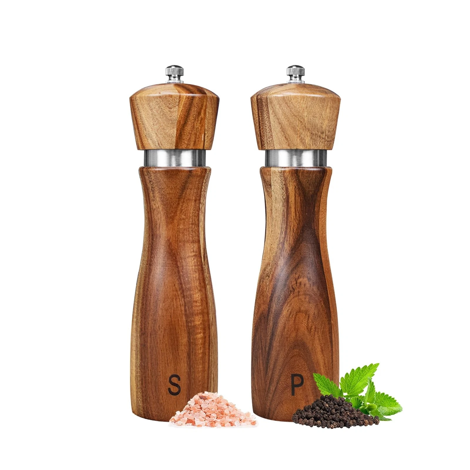 2 Pack Acacia Wood Salt and Pepper Grinder Set, Wooden Salt and Pepper Mill S...