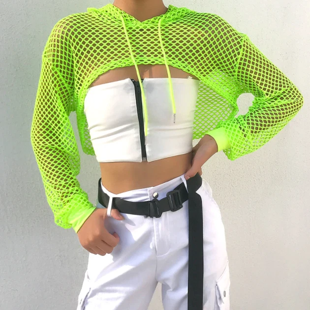 Neon Green Mesh Fishnet Crop Hoodie Long Sleeve Sexy Streetwear