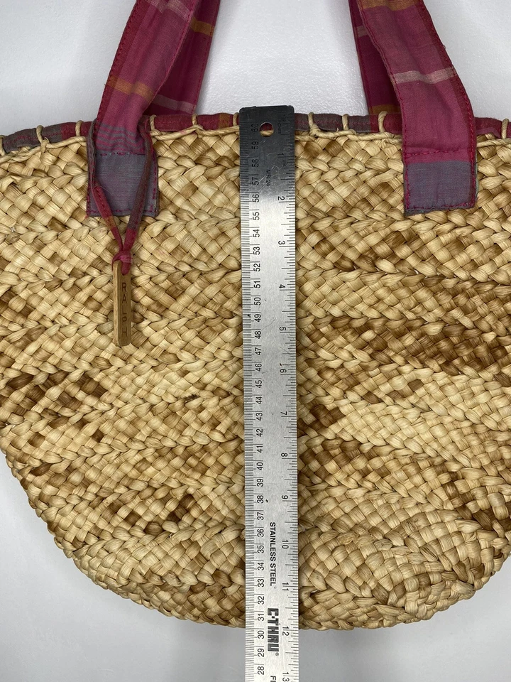 Bolso de Playa Ralph Lauren De Colección Rafia Natural Multicolor Cuadros Tela Borde Foto 3 de 4