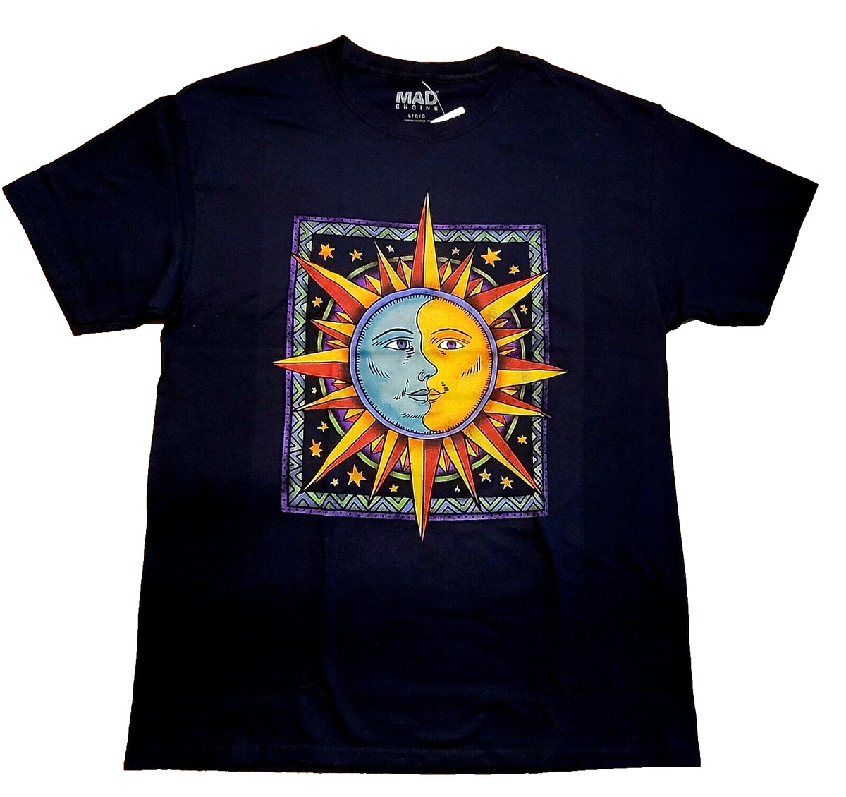 Mad Engine Celestial Sun Moon T-Shirt Large Black Graphic Crew Neck Tee  New