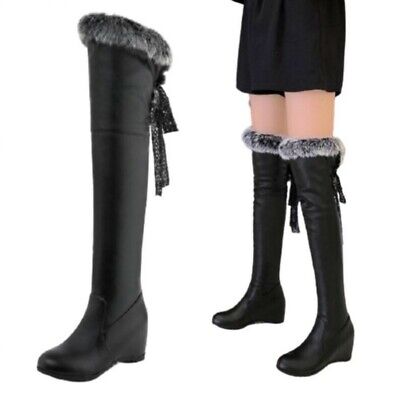 Details about   New Women Over Knee High Boots Fur Trim Wedge Mid Heel Party Shoes Winter Warm D 
