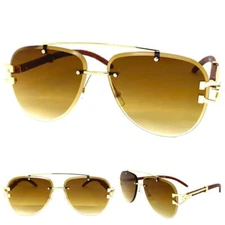 CLASSY Vintage Retro Hip Hop Style SUN GLASSES Gold & Faux Wood Frame Honey Lens