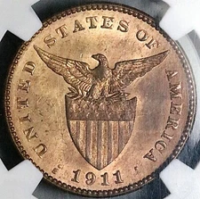 1911-S NGC MS 64 RB Philippines 1 Centavo San Francisco Mint Coin (25061502C)