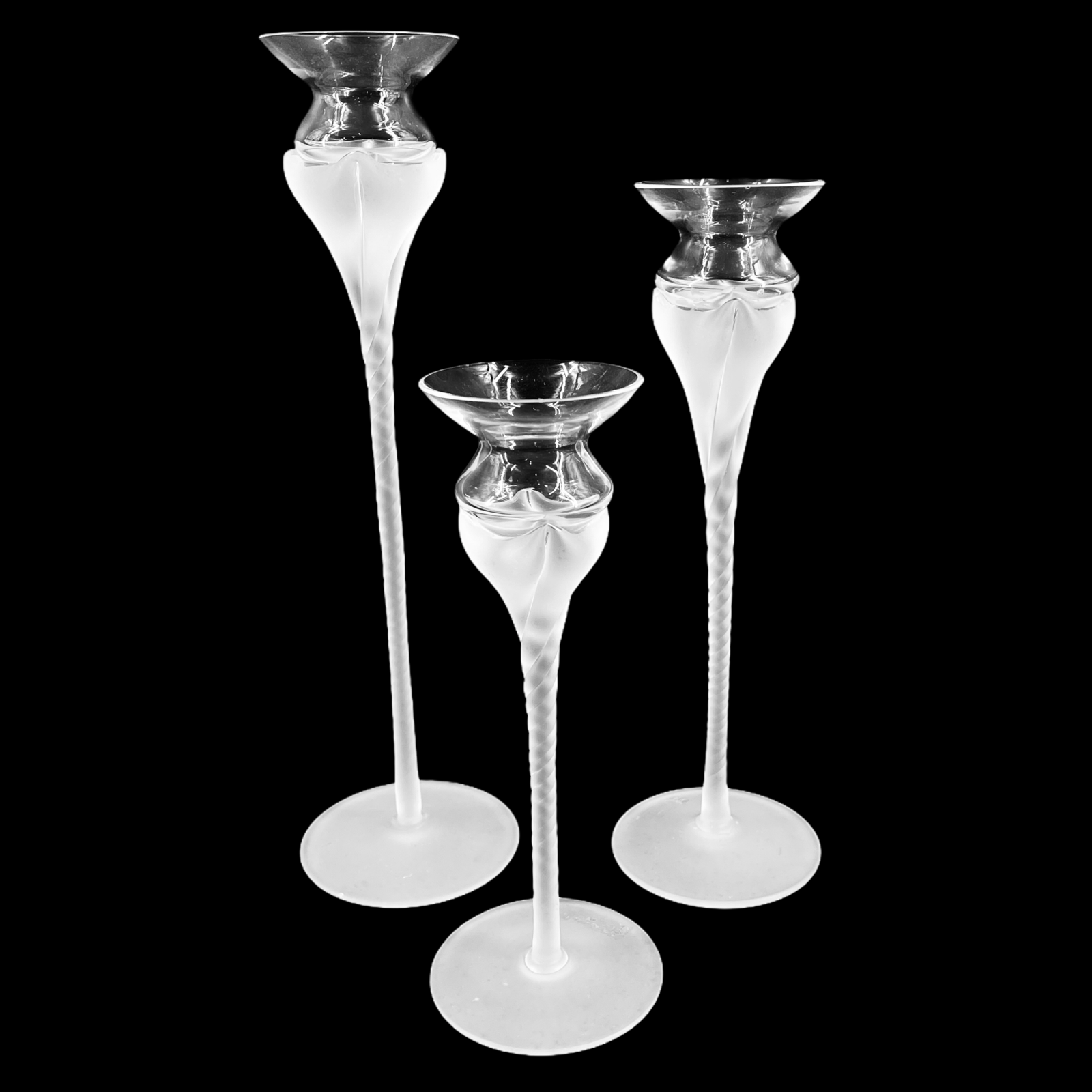 Set of 3 Crystal Glass Taper Candlesticks Candle Holders Frosted Twisted Stems