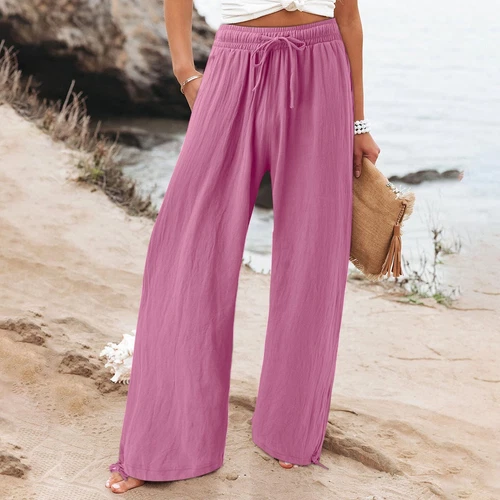 Women Cotton Linen Pants Solid Wide Leg Casual Loose Pants High Waist Trousers - Bild 16 von 36