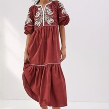 Anthropologie Gretel Embroidered Maxi Dress Maroon White XS NWT