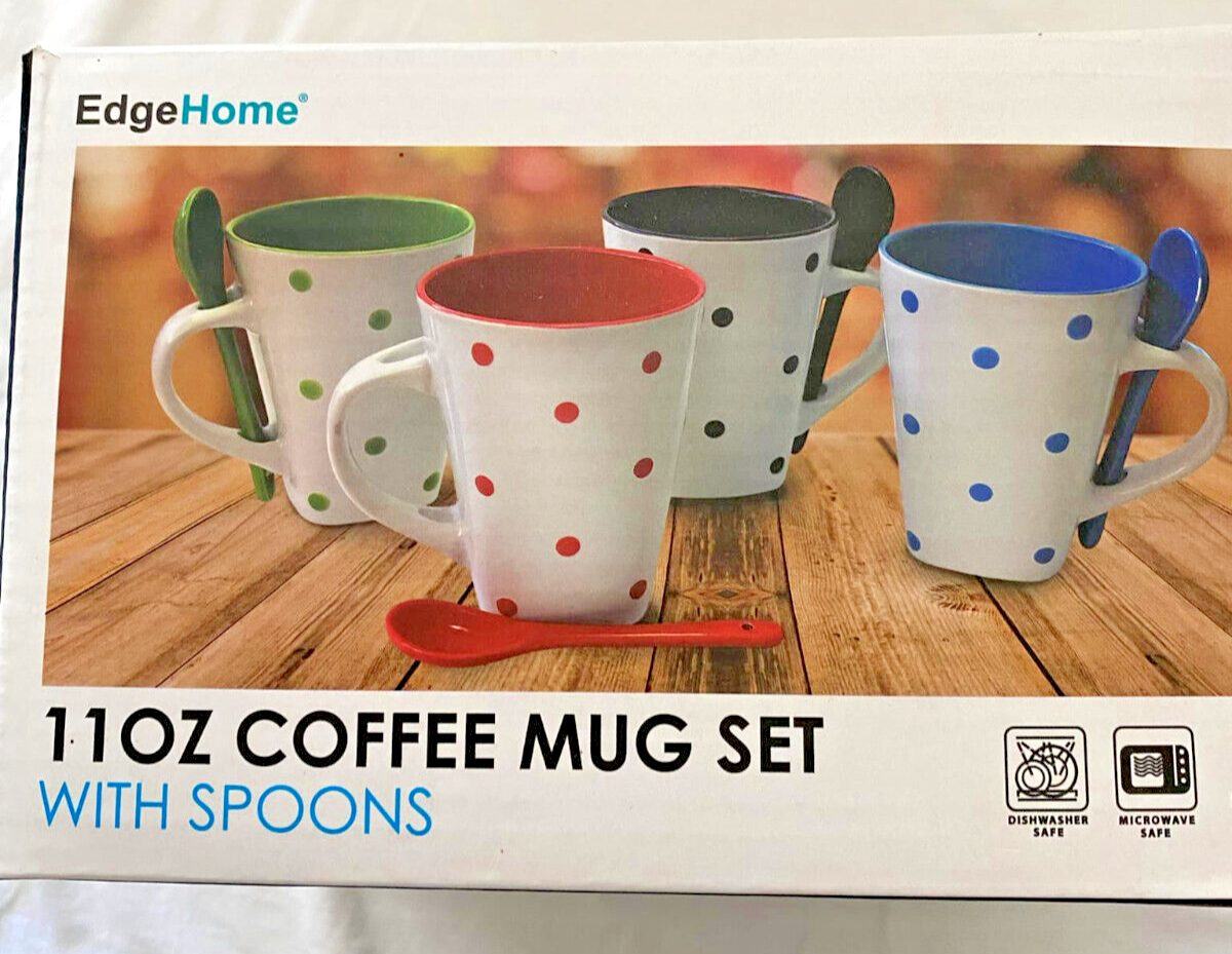 Edge Home (4) 11 oz. MUG SET WITH SPOONS.  GREAT for the kids or espresso
