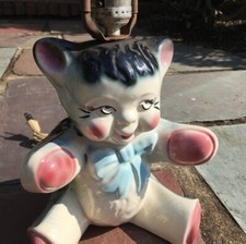 Vintage Teddy Bear Bow Multi Color Painted Porcelain Table Lamp