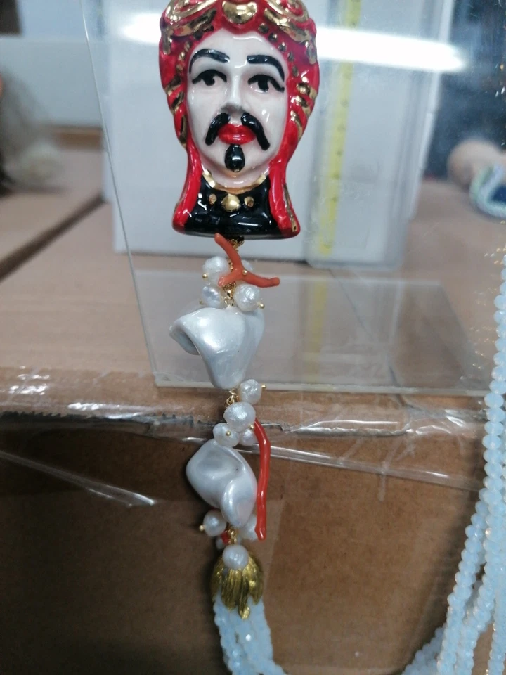 Collana Ceramica lunga, testa di moro, perle corallo, 7fili quarzo argento cm45 - Immagine 3 di 4