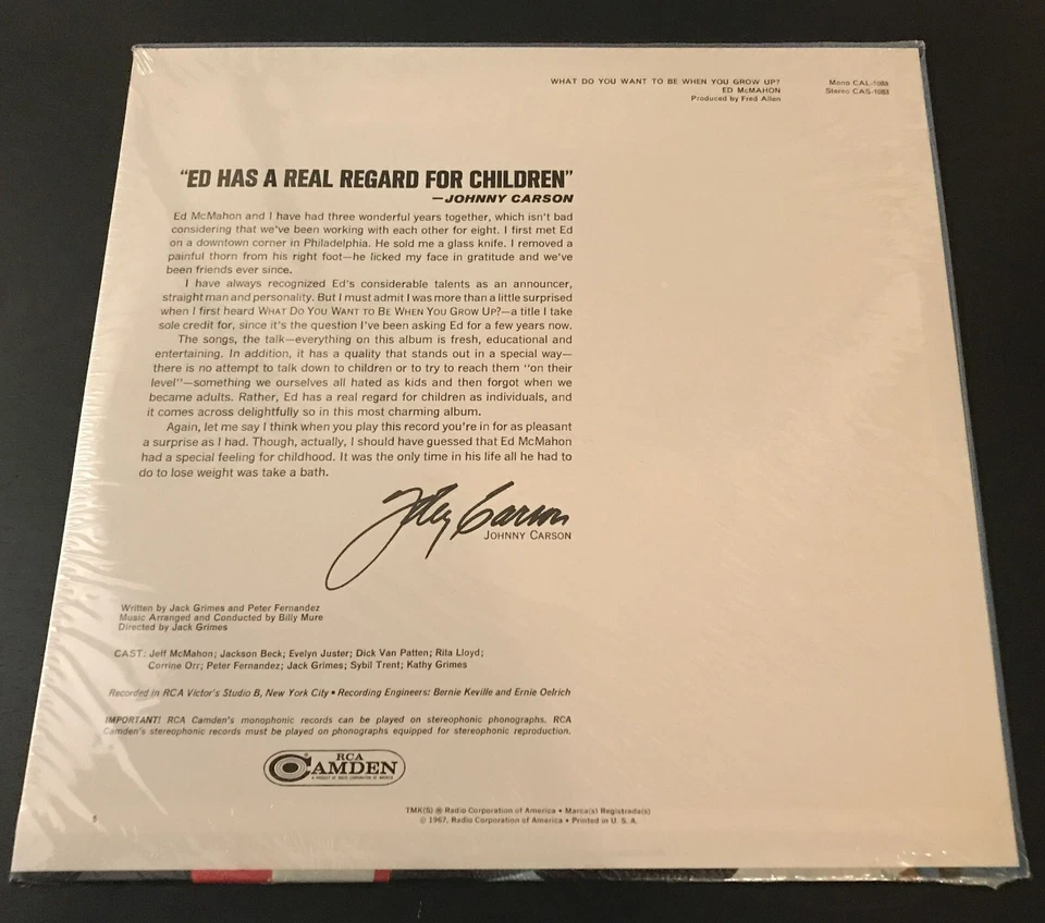ED MCMAHON WHAT DO YOU WANT TO BE NEW SEALED CHILDRENS LP 1967 + SIGNED CARD - Image 4 of 4