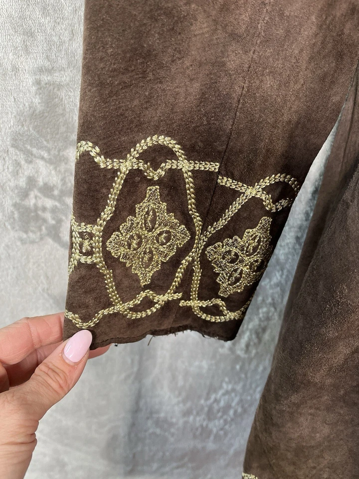 Abrigo Corazón Luna Estrella Marrón Gamuza 100% Cuero Dorado Bordado Talla M Foto 4 de 4