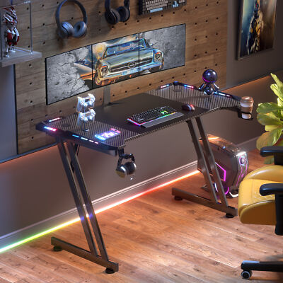 Gaming Desk with LED Light, Computer Desk with Headphone Hook & Cup Holder