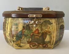 Vintage Anton Pieck Decoupage Art Octagon Wooden Box Purse with Metal Handle