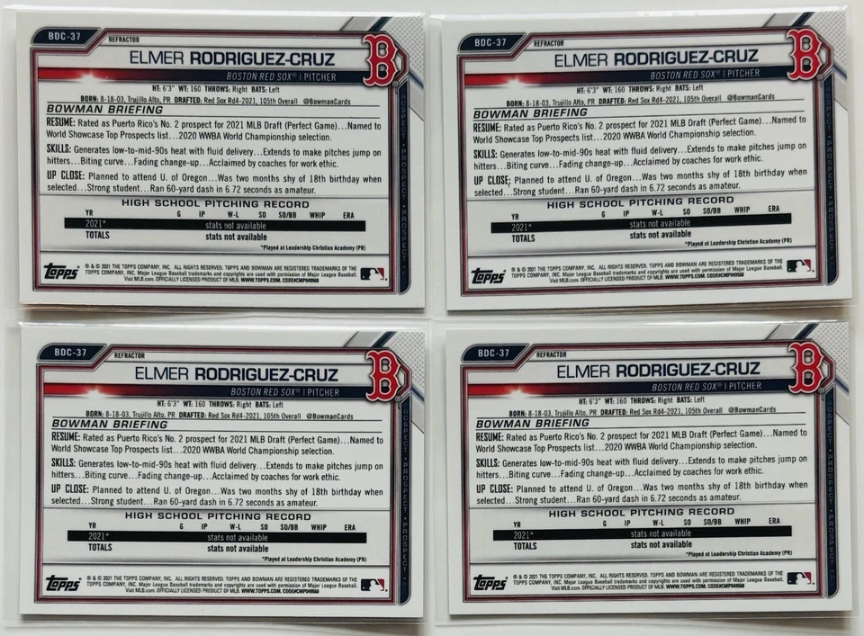 2021 Bowman Draft ELMER RODRIGUEZ-CRUZ 1st Bowman Lot Refractors, Chrome, Paper - Image 3 of 3