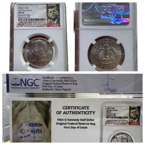 1964-D 50C First Day of Issue Discovery Bag Kennedy Half Dollar MS64 NGC COA 90%
