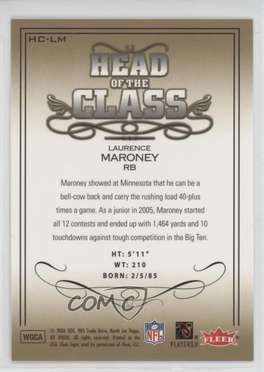 2006 Fleer Ultra Head of the Class Laurence Maroney #HC-LM Rookie RC - Image 2 of 2