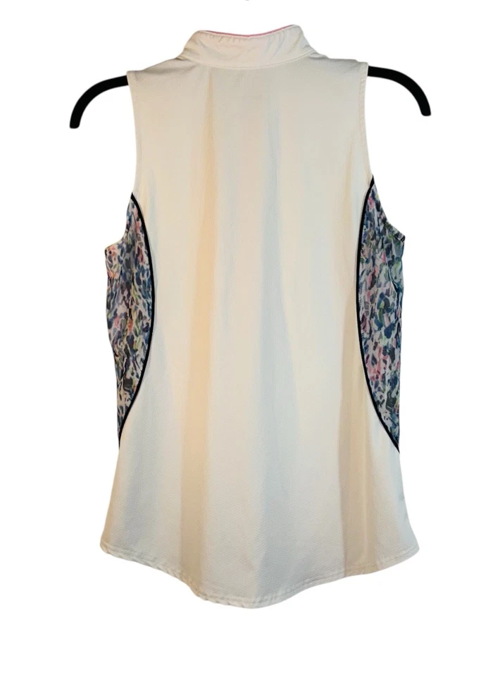 Jofit Women S 1/4 Zip Sleeveless Shirt White w Multicolor Mesh Side Panels - Image 2 of 4