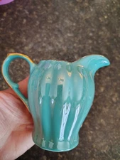 Grace's Teaware Teal w/ Gold Trim, Fluted: Creamer / Cream Pitcher, 4 1/8" Tall