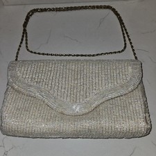 La Regale Beaded Evening Clutch Shoulder Bag White Gold Chain Hand Made Macau