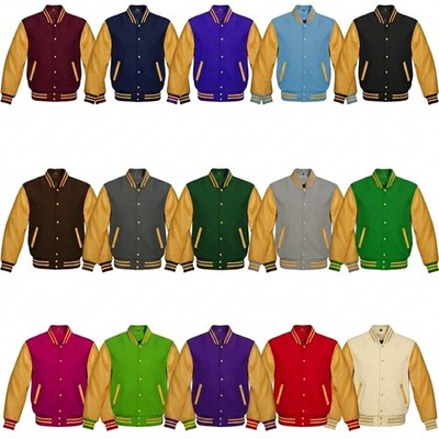 Varsity Letterman  Wool & Golden Leather Bomber Retro Sport Team Baseball Jacket