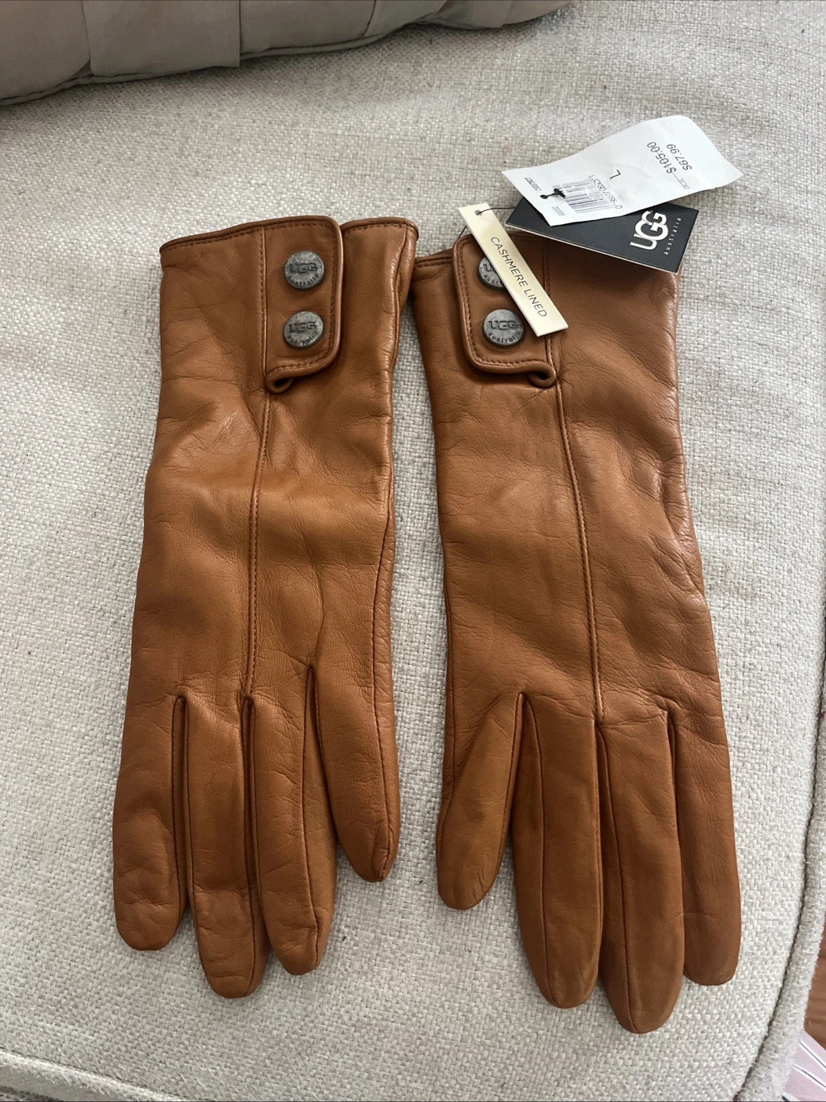 Ugg Leather Gloves Cashmere Lined Butter Soft Gloves Camel Sz L Snaps Designer