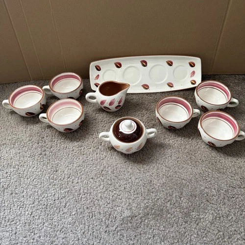STANGL RARE FULL SET “Windfall” 6 Cups, sugar and creamer, and 14” Holder.