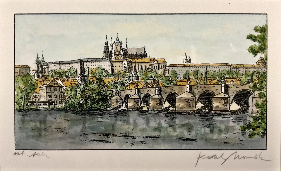 Pintura acuarela paisaje urbano firmada enmarcada vintage “Puente de Carlos en Praga” Foto 2 de 4