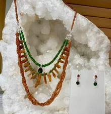 SS .925 SPESSARTINE KYANITE CHROME DIOPSIDE 3 STRAND NECKLACE EARRINGS