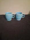 Rare Vintage Blue Milk Glass Floral Design Mug Cup Set Of 2