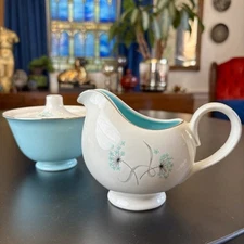 Vintage Petal Lane by Taylor Smith Cream and Sugar Set Teal Aqua Blue MCM