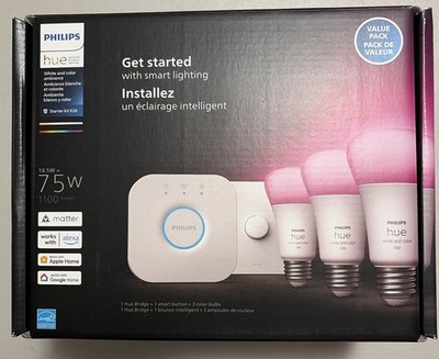 Philips Hue 75W 3-Bulb Color Starter Kit with Hue Bridge & Smart Button  *NEW*